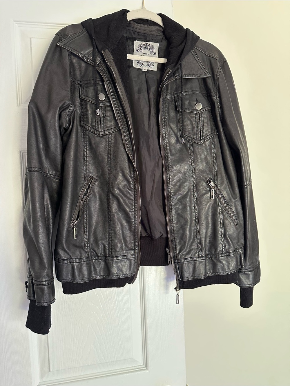 Women’s Black Faux Leather Hooded Jean Jacket - Unbranded